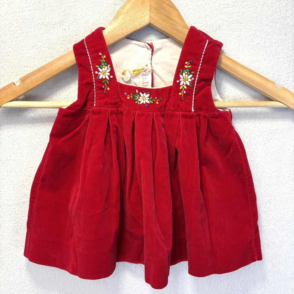 Vintage Switzerland Velvet Floral Sundress Girls 12-18 Months Red‎ Embroidered